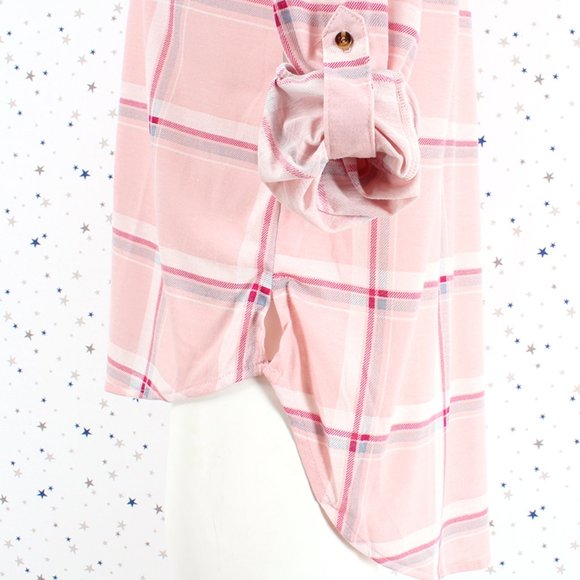 Knit Plaid Button Up Shirt Hi Lo Hem Pink Ivory - Picture 6 of 8